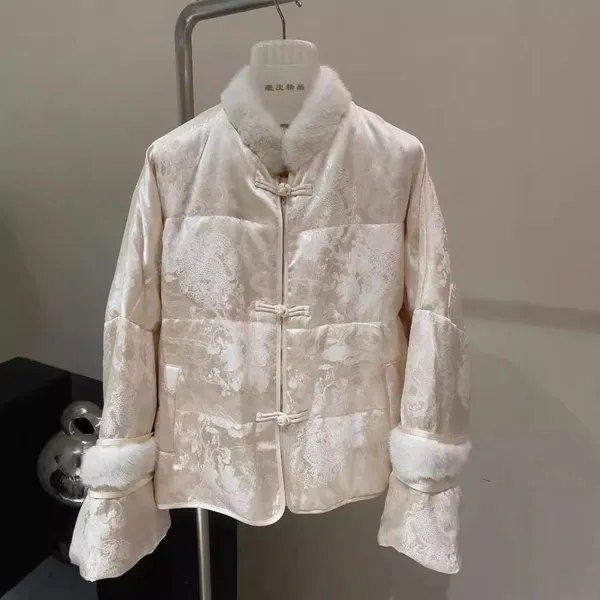 The New Winter Stand-up Collar Mink Fur Coat With Silk Jacquard Buttons and Thickened Chinese-style Goose Down Jackets Exude a High-end Feel for Women photo-3