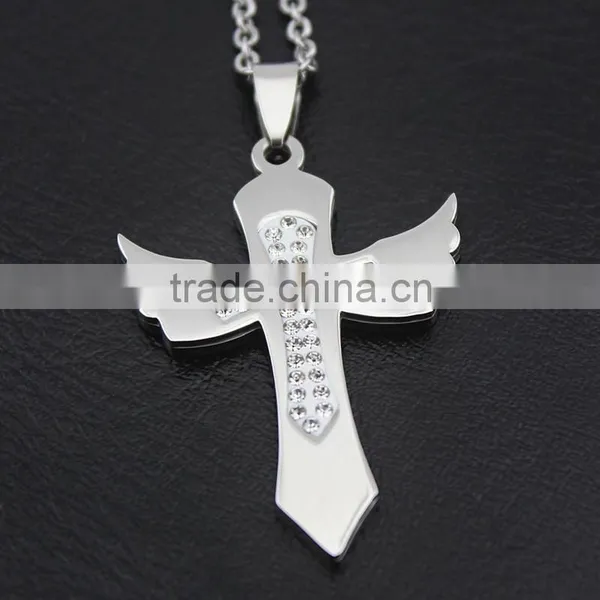 Diamond Cross Pendant Necklace Angel Wings Cross Charms Wholesale photo-4