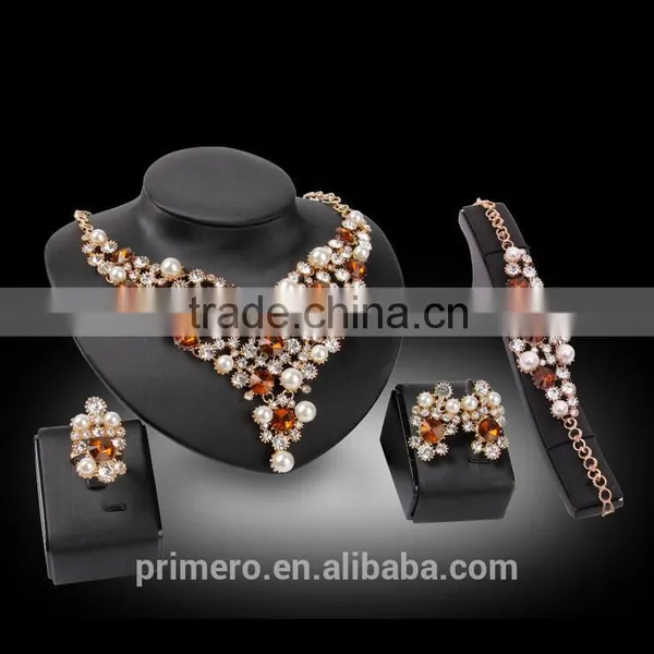 18K Gold Plated Pearl Rhinestone Crystal Necklace Wedding Ring Party Gift Costume Pearl Bridal Jewelry Sets photo-3