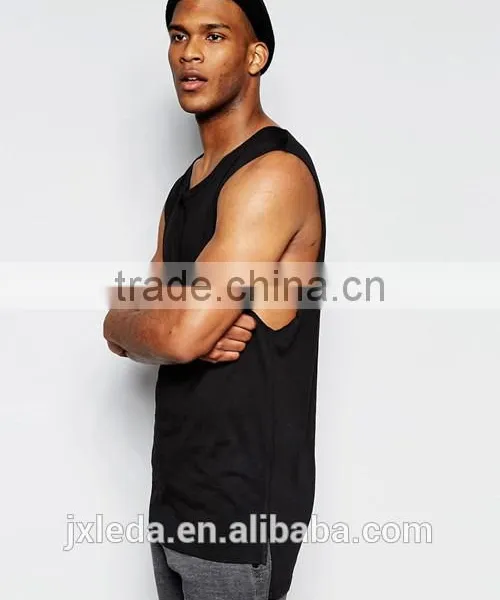 Men Summer 100% Cotton Jersey Longline Sleeveless Plain Black T-shirt Tank Tops OEM Custom