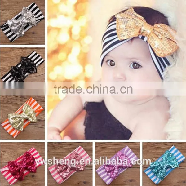 Wholesale New Children 's Hair Accessories Striped Cotton Head Wear Cute Sequins Bow