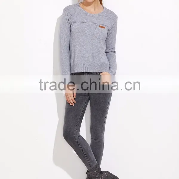 Custom Made Grey Split Side High Low Pocket Sweater Long Sleeve Round Neck Pullovers Casual Sports Sweater photo-4