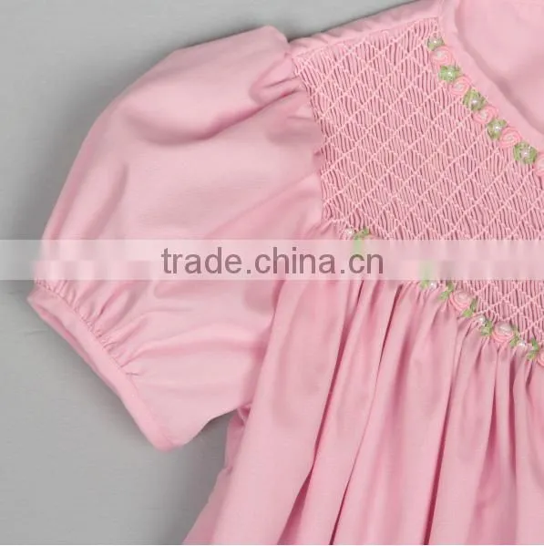 Baby Cotton Frocks Designs Pink Puff Sleeve Fashion Girls Summer Smocked Dress photo-3