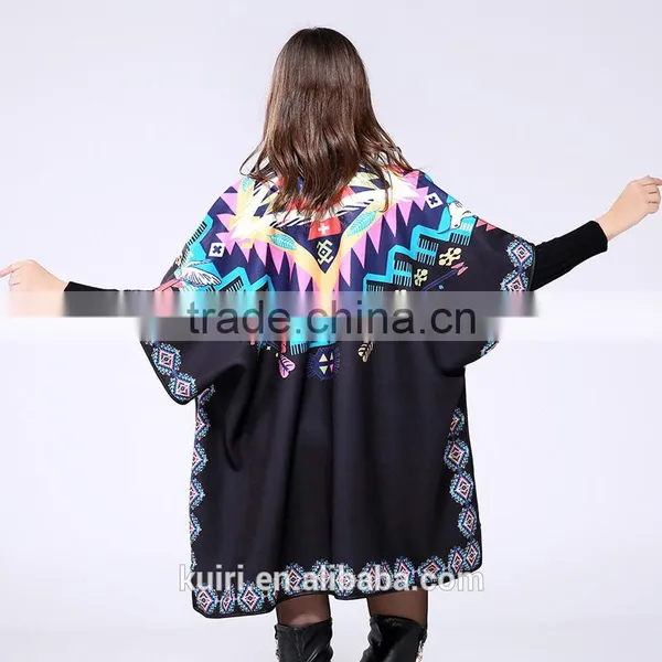 Brand Fashion Womens Autumn Winter Warm Flower Pattern Slit Wool Blend Plaid Blanket Cloak Poncho Cape Coat photo-2
