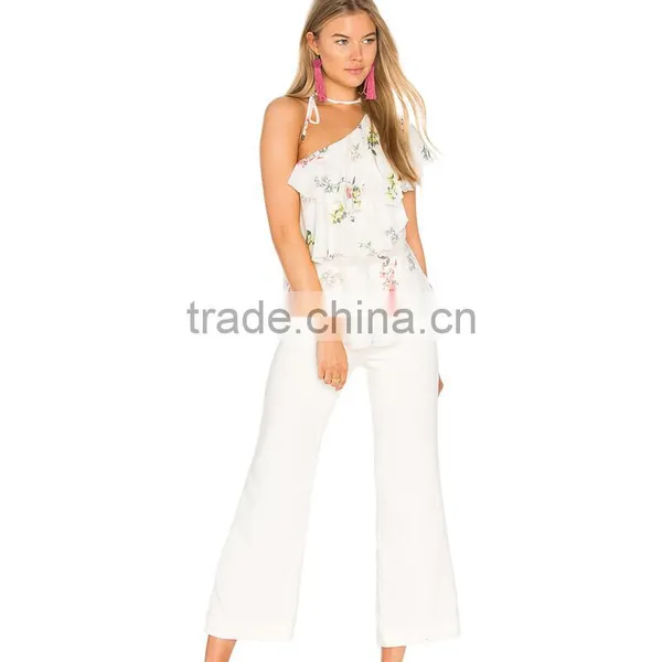 Choker Design Chiffon Top Floral One Shoulder Lady Blouse photo-5