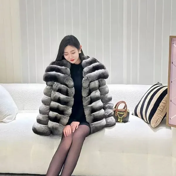 New autumn and winter full leather Rex rabbit fur coat for women imitation chinchilla hooded short striped fashion