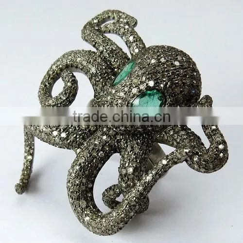 Popular Octopus Design !! Emerald & Diamond 925 Sterling Silver Ring, Online Silver Jewellery, Silver Jewellery photo-3