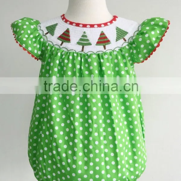 Green With White Polka Dots Cotton Wholesale Christmas Tree Machine Smocked Baby Girl Romper