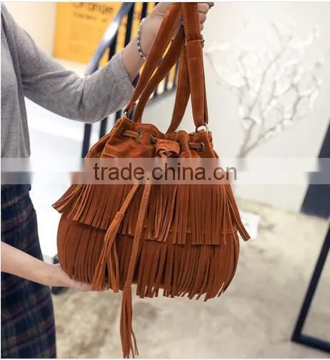 Small Bucket Women Tote Bag 2016 High Quality Tassels Genuine Leather Bag Women Messenger Bags Famous photo-3