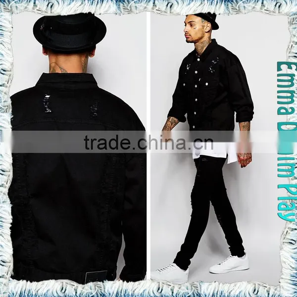 Hot Design Men Fashion Broken Holes Washed Long Sleeves Black Denim Jackets photo-3
