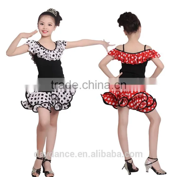 Girls Child Performance Latin Dance Skirt Suit Kid Dew Shoulders Lotus Leaf Polka Dot Dress photo-2
