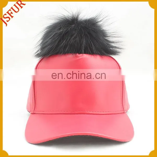 Six Colour Raccoon Fur Pompom Red Leather Dyed Fur Hat photo-2