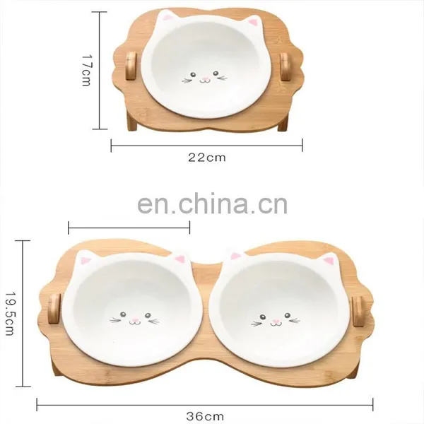 Eco Friendly Custom Designer Luxury Ceramic Stand Elevated Raised Dog Cat Pet Water Food Bowls & Feeders Bamboo Rack Frame photo-5