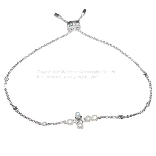 S925 Sterling Silver Bracelet Female Diamond Freshwater Pearl Cross Bracelet