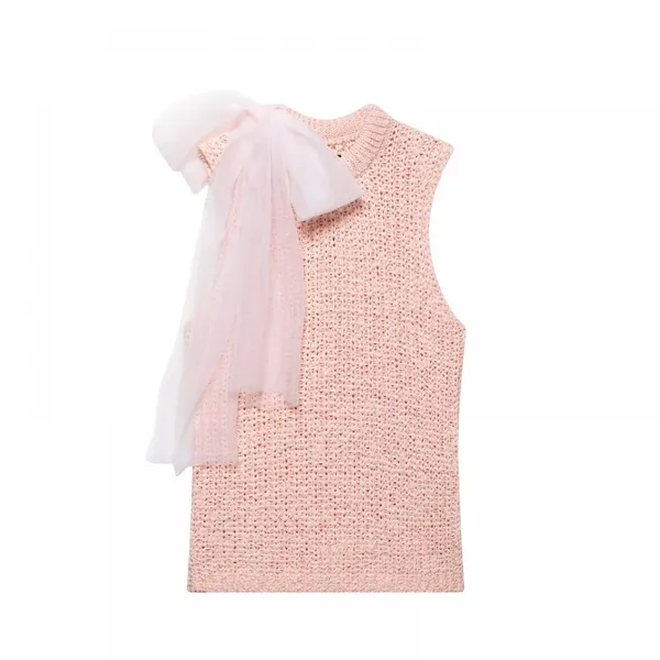 Spring and Summer New Round Neck Transparent Hard Yarn Butterfly Knot Decoration Sleeveless Knitted Top