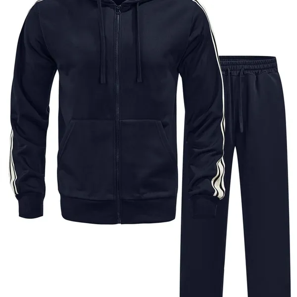 Solid-color Striped Hooded Sweatshirt and Straight-leg Sweatpants Set photo-3