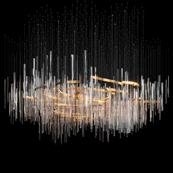 Linear Glass Rain Rod Chandelier Gold Ring Large Custom Ceiling Installation
