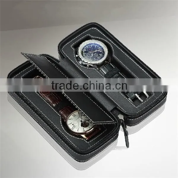 Custom 2 Slot Carbon Fiber/ Leather Travel Watch Storage Box With Zipper photo-3