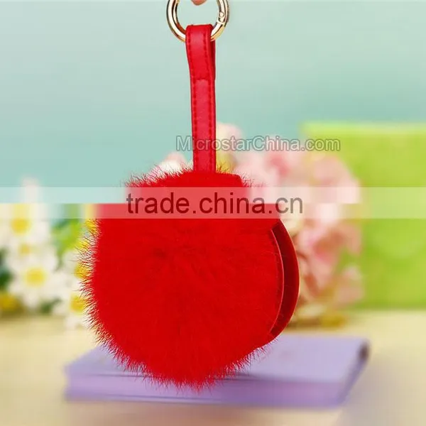 9cm Genuine Rex Rabbit Double Makeup Mirror Keychain Fur Ball Key Chain photo-4