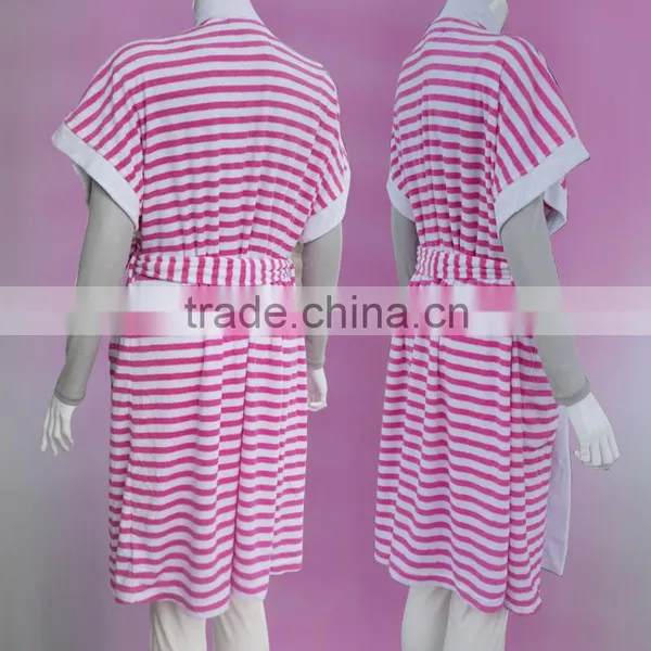 Short Sleeve Women Stripe Fancy Cotton Yarn Dyed Terry Bathrobe photo-3