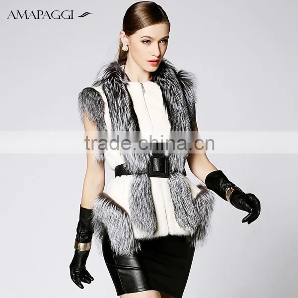 Wholesale White Pelt Mink Silver Fox Fur Vest for Fashion Ladies