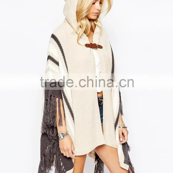 Ladies Knitted Hooded Buckle Caped Cardigan