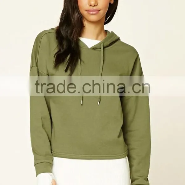 Boxy French Terry Hoodie Short Style Green Hooded Sexy Spring Pullover Sweatshirts Cropped Top Hoodie China Suppliers photo-3