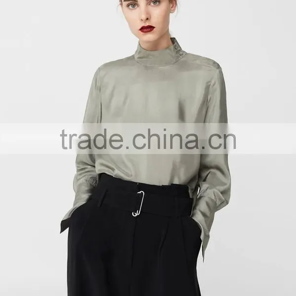Autumn Women's Shirts Blouses 2017 100% Viscose Rounded Neck Long Sleeve Blouses photo-4