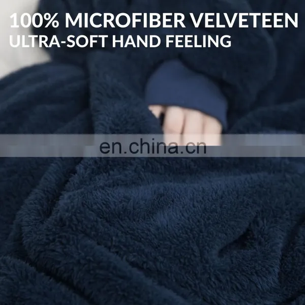 Indoor Bedroom Sleep Navy Soft Material Durable Wearable Hoodie Sherpa Oversized Blanket photo-3