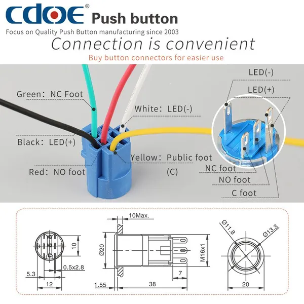 Ip67 16mm Flat and Ring Illumination Head 12v Plastic 1no1nc Security Push Button Switch Momentary photo-4