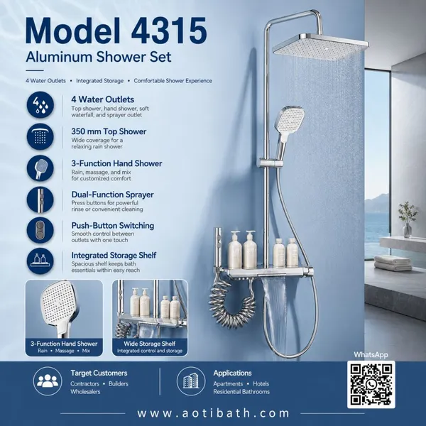 Modern Gunmetal Shower System with 320mm Rainfall Shower Head Handheld Shower Sprayer and Storage Shelf for Bathroom Projects