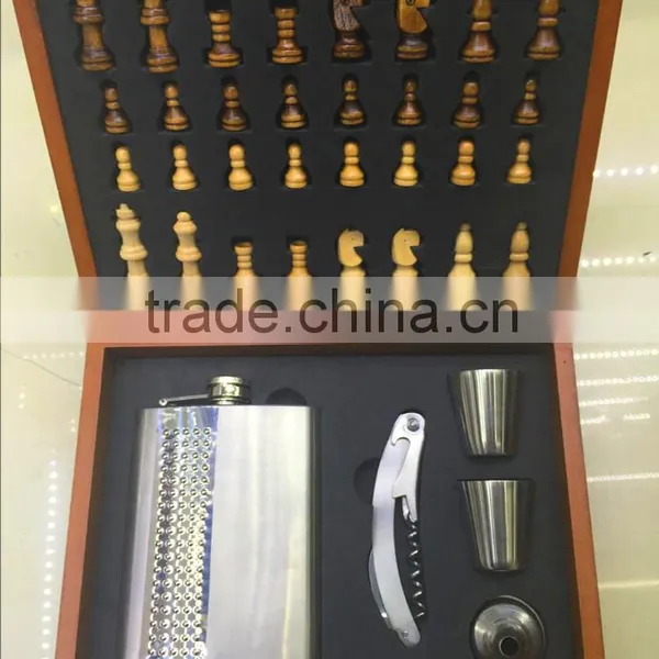 8oz and 9oz Stainless Steel Hip Flask With Wooden Chess and Cups and Funnel in the Woodeb Set photo-2