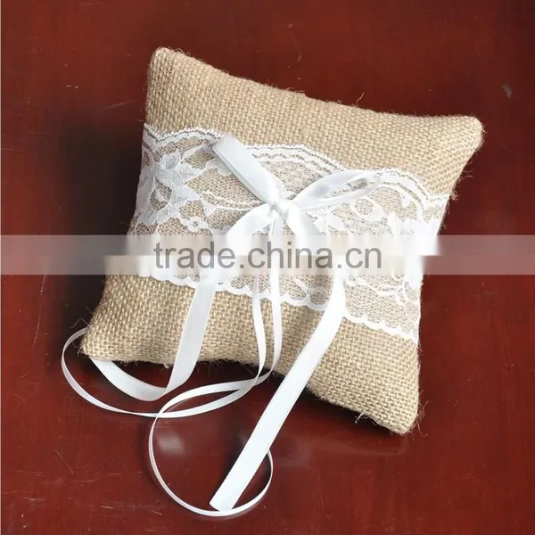 Linen Wedding Ring Pillow Set With Lace and Ribbon (6 Pieces) photo-3