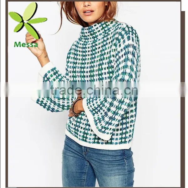 High Fashion High Neck Jumper Women Knitwear In Stitch Pattern With Wide Sleeve