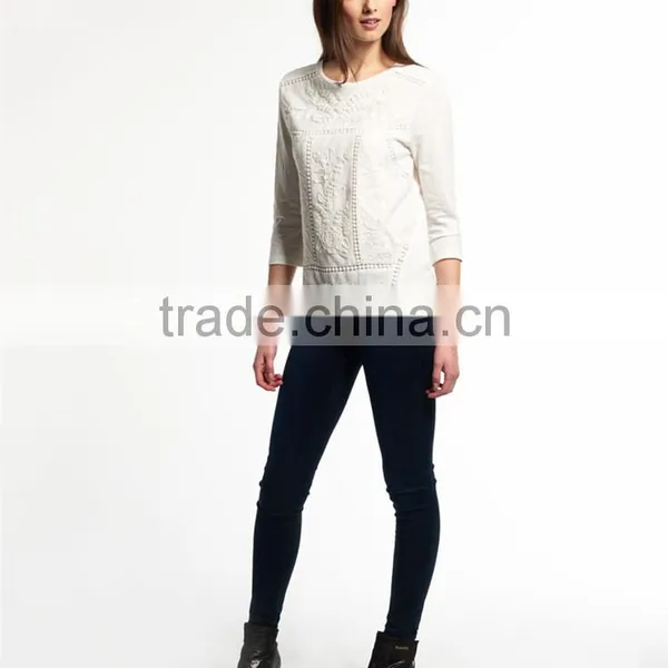 2016 Guangzhou Shandao Wholesaler High Quality Latest Autumn Casual 3/4 Sleeve Round Neck Embroidered Cotton Girl's Stylish Top photo-3