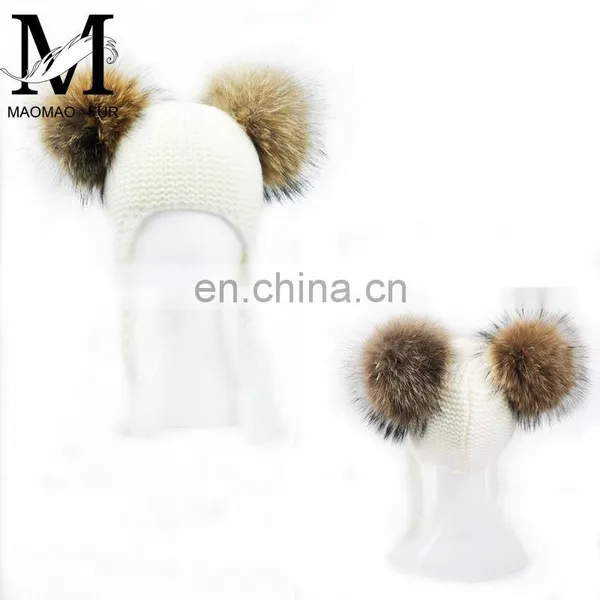 High Quality Fashionable Kids Beanie Hats With Two Fur Pom Poms Baby Fur Hat photo-6