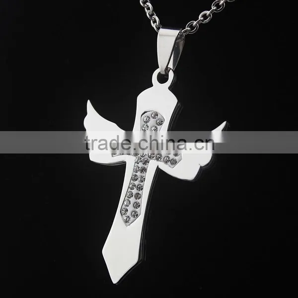 Diamond Cross Pendant Necklace Angel Wings Cross Charms Wholesale photo-3