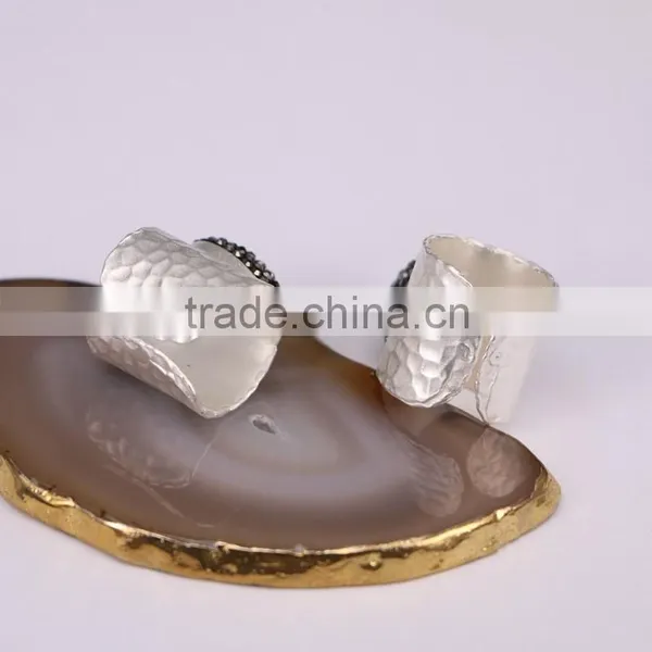 Nature Agate Quartz Rings, Metal Silver Plated Wide Band Crystal Zircon Paved Agate Druzy Ring Jewelry photo-2