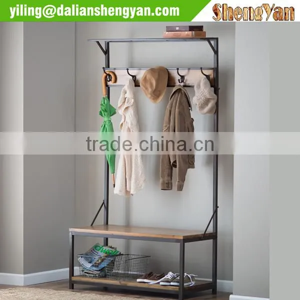 Metal&Wood Mixed living room storage shelf with coat hanger