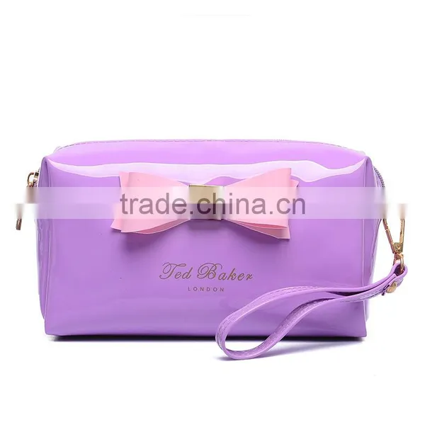 Colorful Ladies pu Cosmetic Bags Big Canvas Comestic Pouch With Bow and Metal Logo photo-3