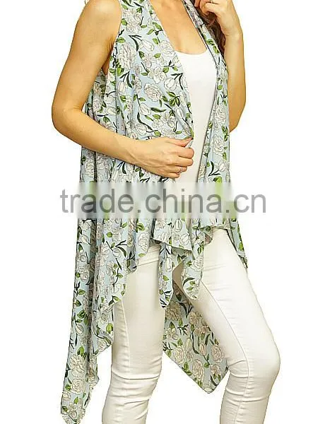 Summer Beach Wear Sleeveless Sexy Vest Flower Printed Cover up Lady Kimono Style Polyester Vintage Boho Clothing photo-3