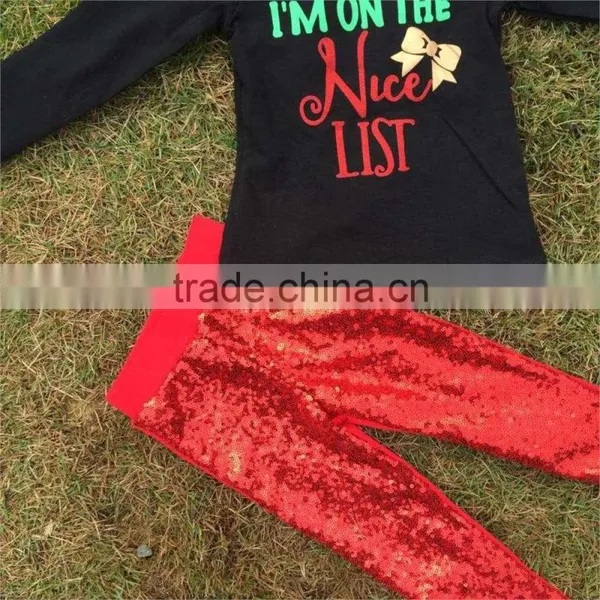 New Design Christmas Outfits Girl Baby Kids Wear "I'm on the Nice List" Red Sequins Pant With Matching Accessories Set photo-2