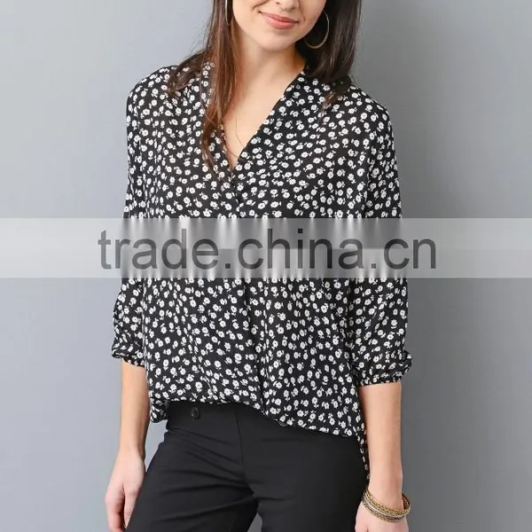 Womens Long Sleeve Chiffon Floral Printed Blouses Top Quality Ladies Latest Blouse Design Pictures photo-2