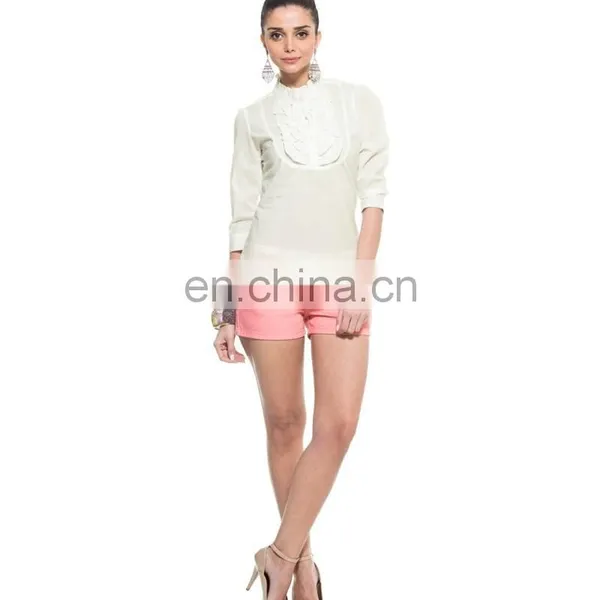 White Three-fourth Sleeves Ruffled Top Fahion Design Frilly Three-fourth Sleeves Pleated Layered Lady Blouse With Lace Trim photo-3