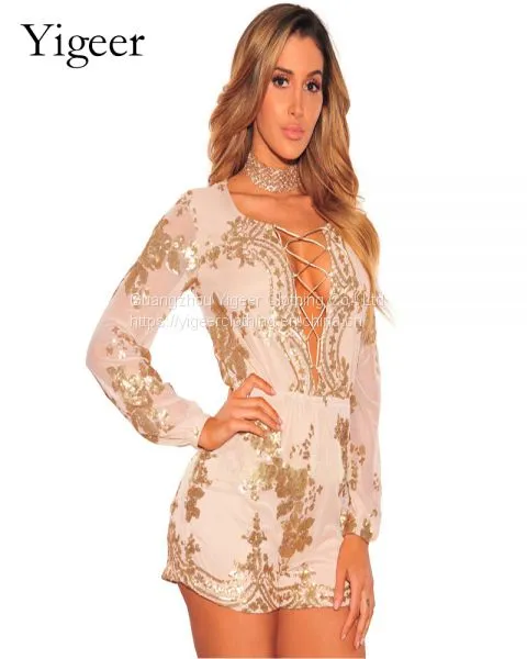 Long Sleeve Sequin Short Party Cocktail Bodycon Jumpsuit photo-3