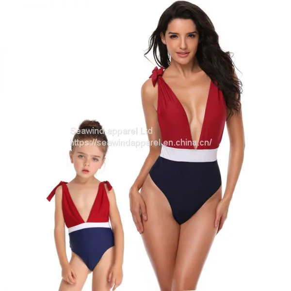 2019 Deep V High Fork Siamese Color Matching Parent-child Swimsuit photo-4