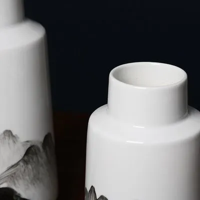 New Chinese Modern Ink Wash Painting Hand Made White Ceramic Flower Vase For TV Bench photo-2