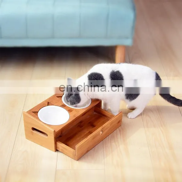 Nordic Stainless Steel Bulk per Dog Cat Luxury Drinking Feed Water 2 in 1 Bowl for Engraving Bamboo Stand With Drawer Storage photo-3