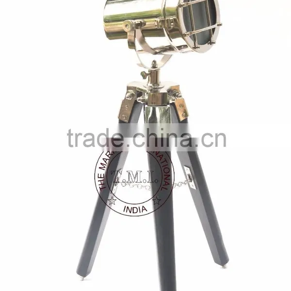 NAUTICAL SPOTLIGHT LAMP ON STAND - NICKEL PLATED SEARCHLIGHT ON WOODEN BLACK TRIPOD STAND photo-3