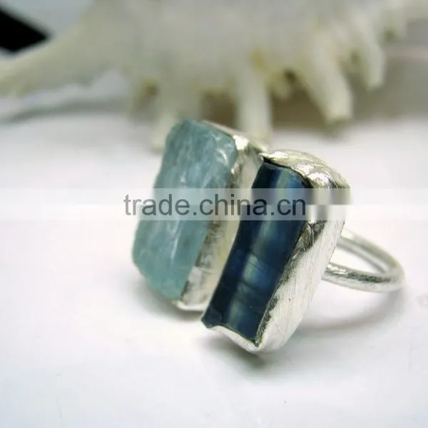 Aquamarine & Blue Kyanite Rough Natural Gemstones Ring, 925 Solid Sterling Silver Rings, Matt Finish Adjustable Rings photo-4